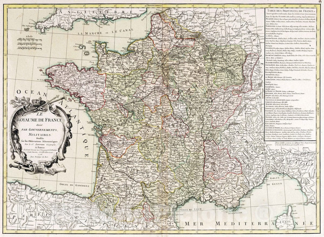 Historic Map : France, , Europe 1776 Le Royaume De France , Vintage Wall Art