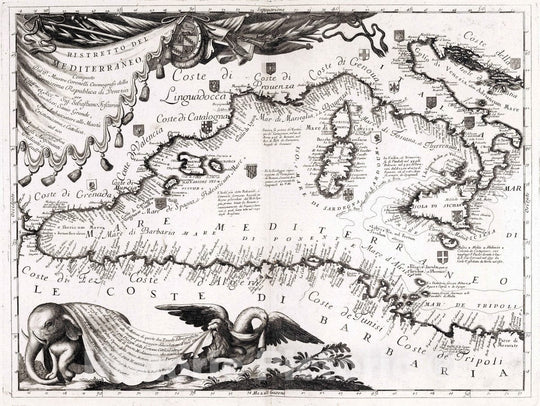 Historic Map : Mediterranean Sea 1693 Ristretto del Mediterraneo (western sheet). , Vintage Wall Art