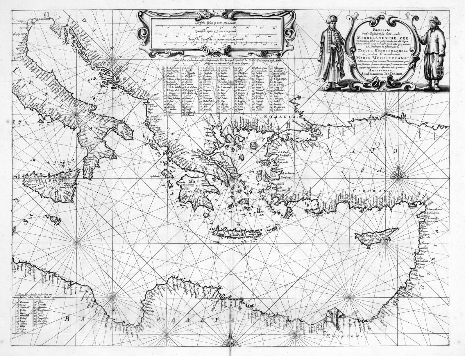 Historic Map : Eastern Mediterranean Sea 1650 Pascaarte Middelandsche Zee, Tabula Hydrographica, Maris Mediterranei. v2 , Vintage Wall Art