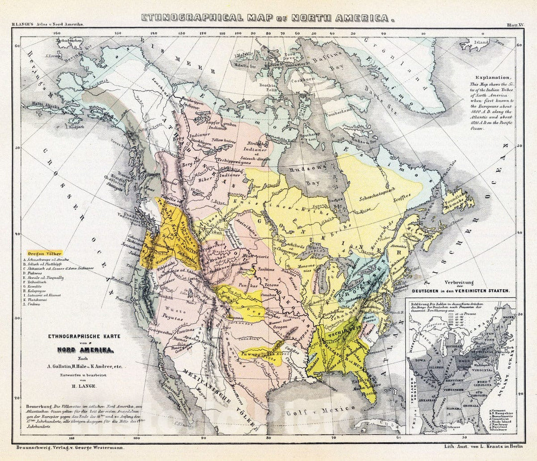 Historic Map : Canada; United States, , North America 1854 Ethnographisches Karte von Nord Amerika. , Vintage Wall Art