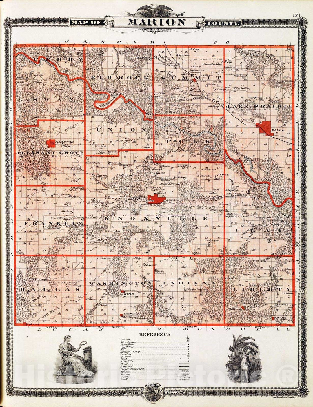 Historic Map : 1875 Map of Marion County, State of Iowa. - Vintage Wall Art