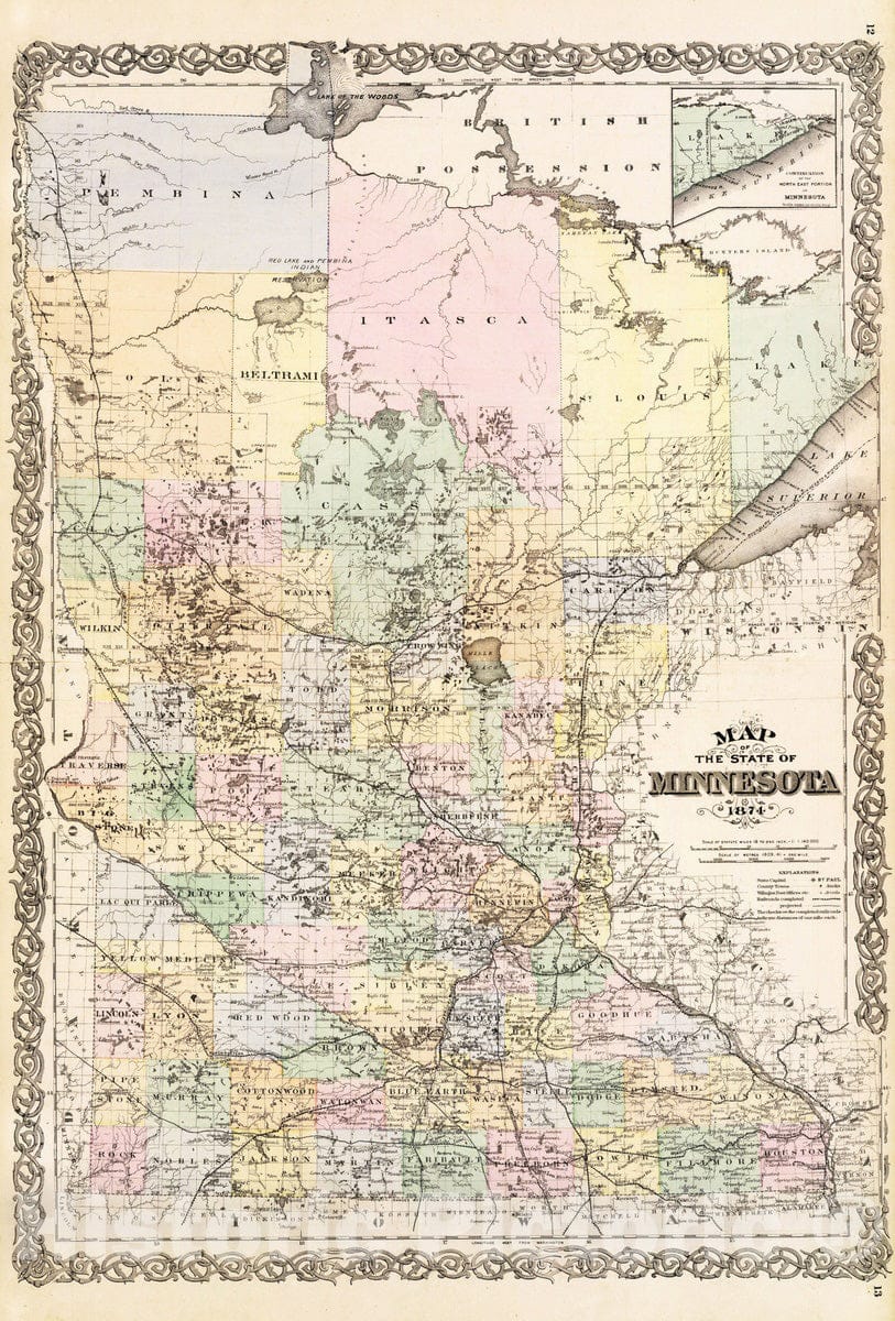 Historic Map : Map of the State of Minnesota, 1874. - Vintage Wall Art