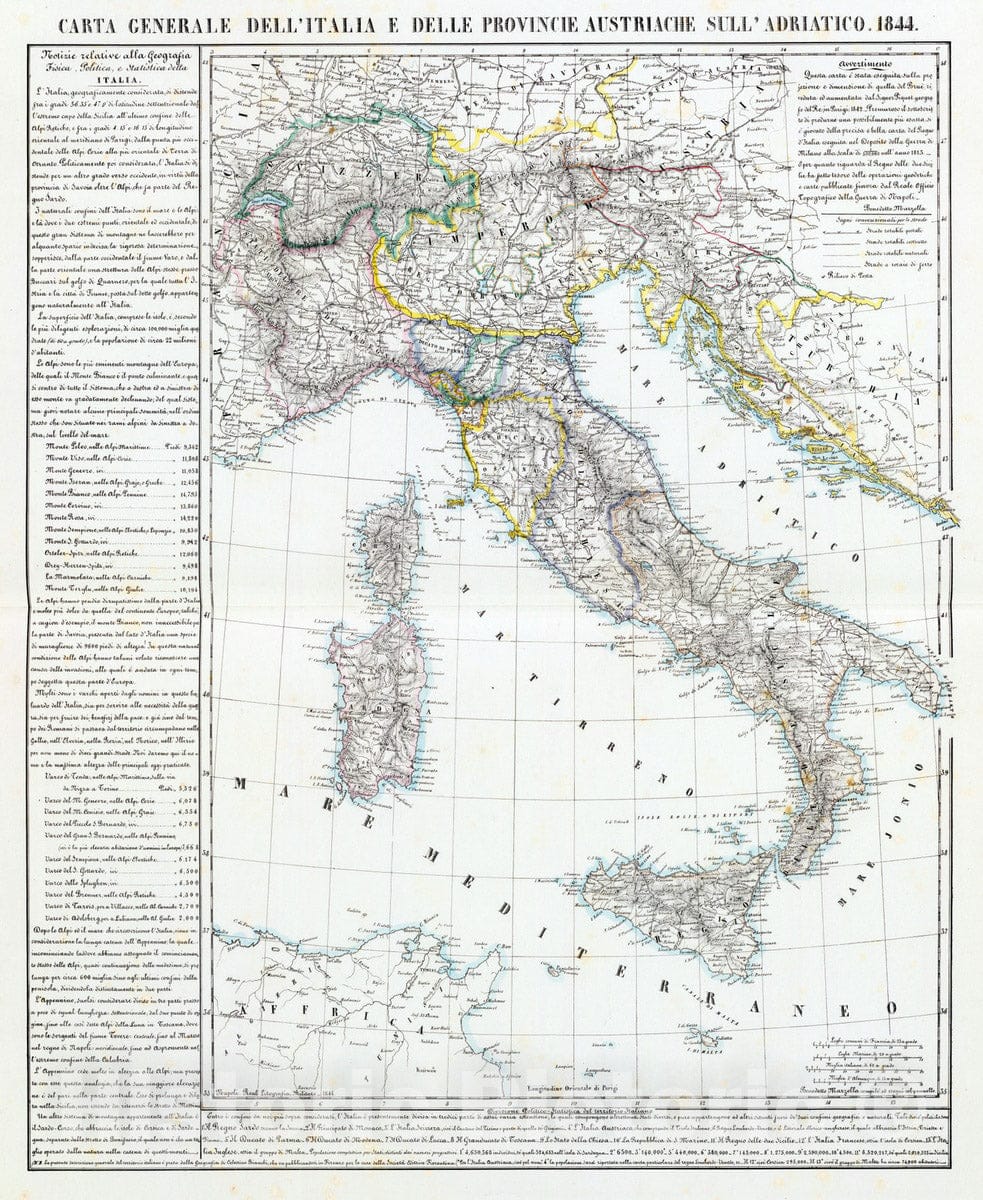 Historic Map : Italy, 1844 Carta generale dell'Italie e delle provincie austriache sull'Adriatico. , Vintage Wall Art