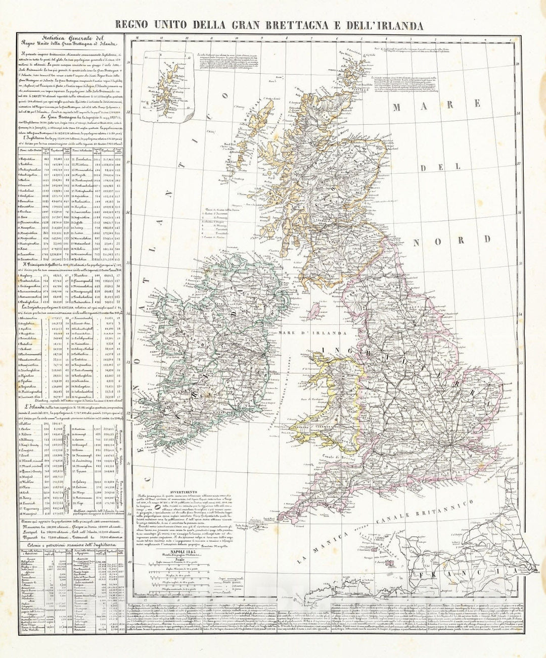 Historic Map : England; Ireland, British Isles 1845 Regno Unito della Gran Brettagna e dell'Irlanda. , Vintage Wall Art