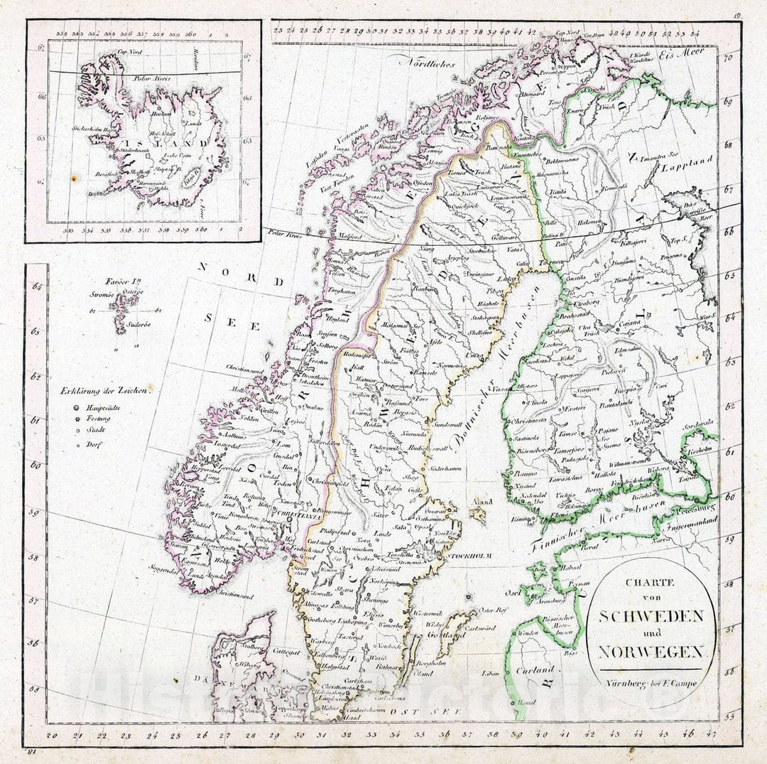 Historic Map : Norway; Sweden, Scandinavia 1822 Schweden, Norwegen, Island. , Vintage Wall Art