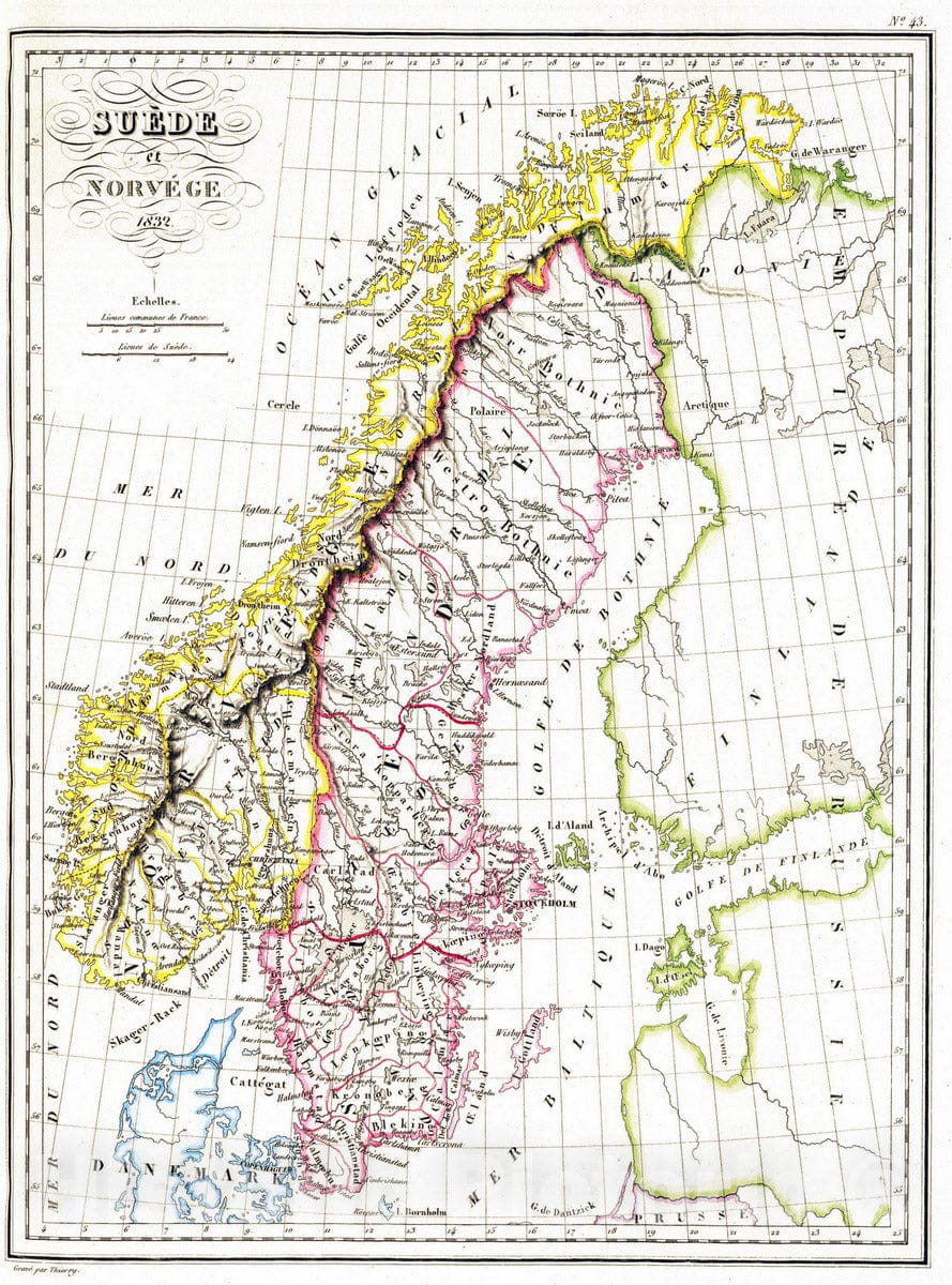 Historic Map : Norway; Sweden, 1837 Suede et Norvege. , Vintage Wall Art