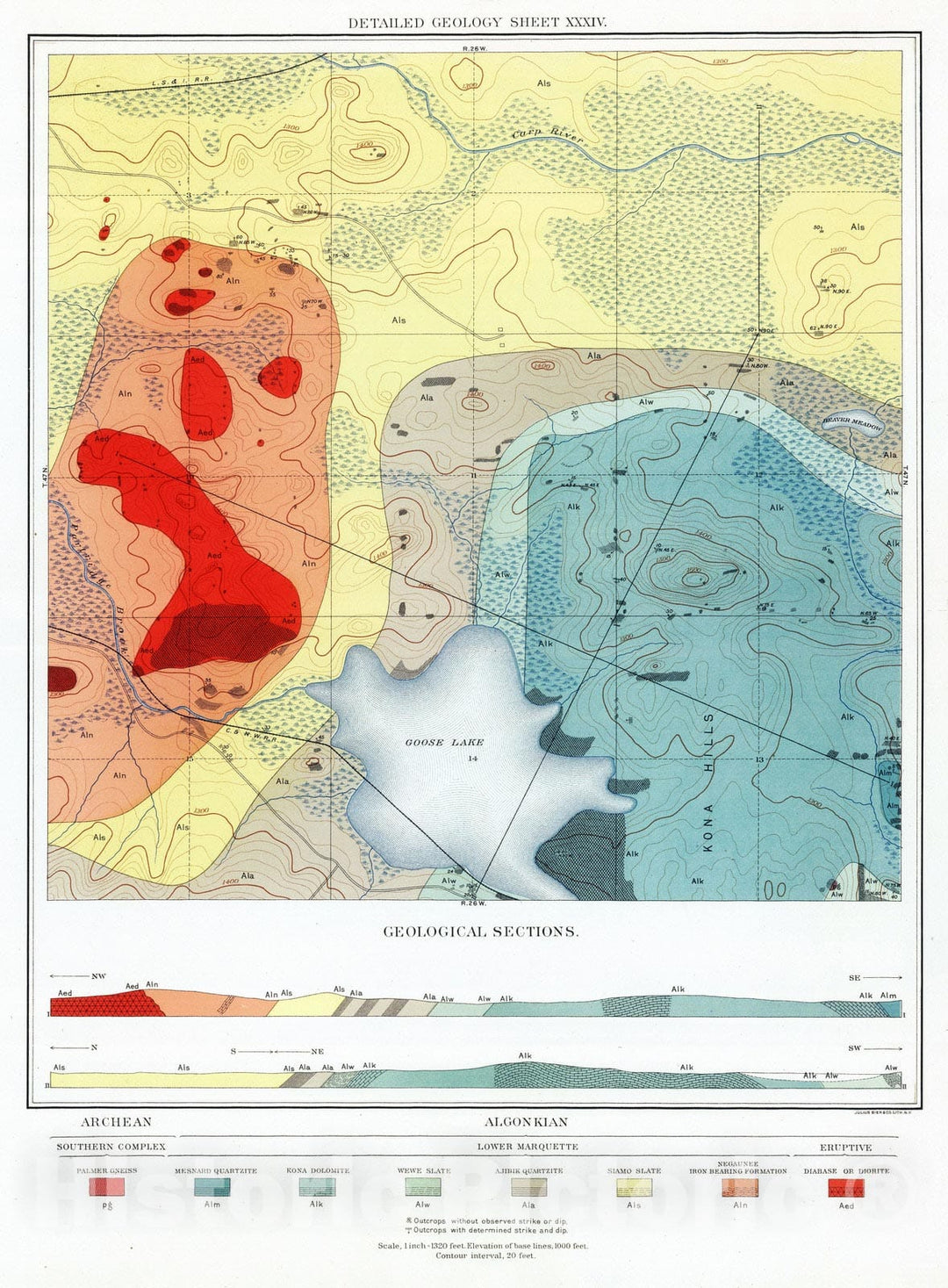 Historic Map : Geologic Atlas - 1896 Detailed Geology Sheet XXXIV. - Vintage Wall Art