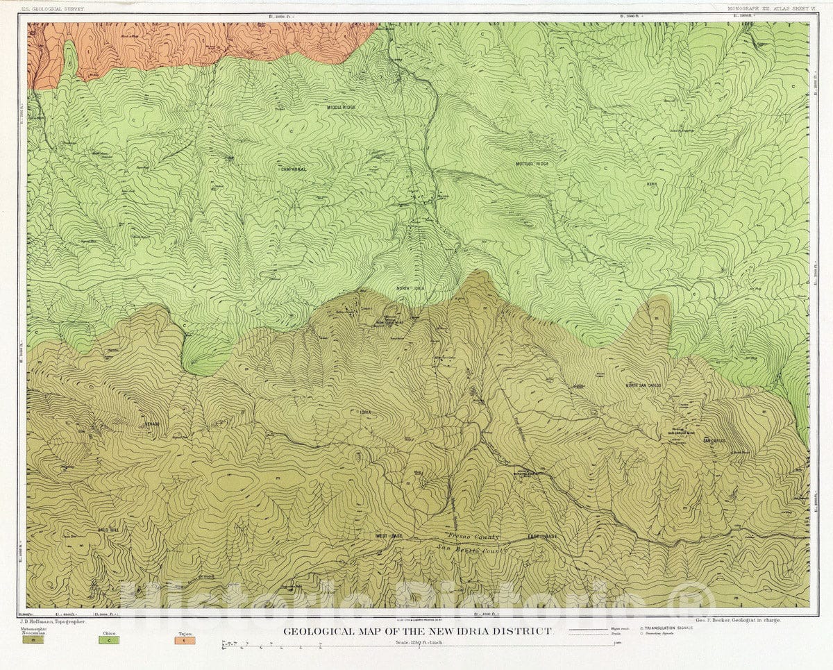 Historic Map : Geologic Atlas - 1887 Geological Map of the New Idria District. - Vintage Wall Art