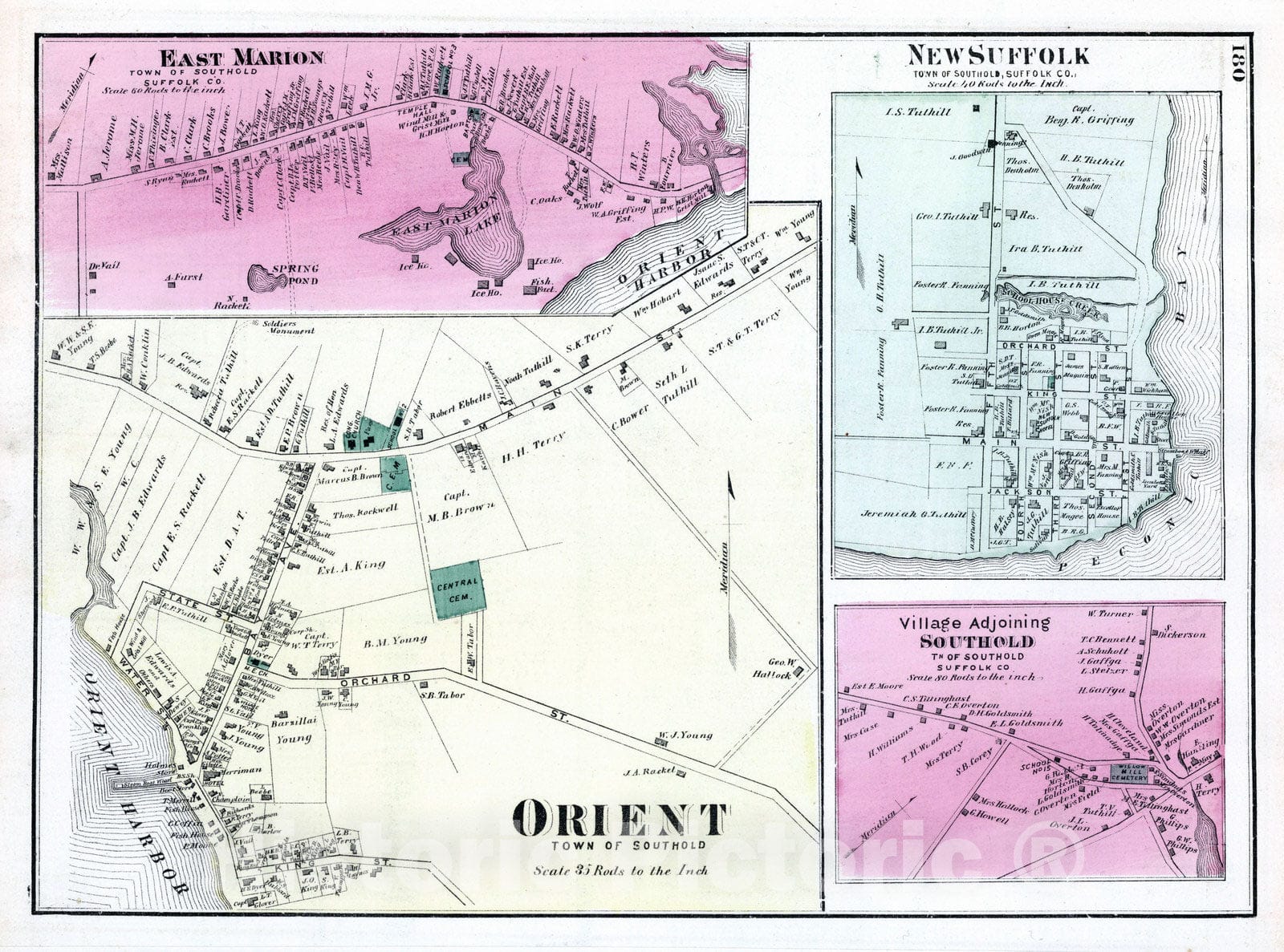 Historic Map : 1873 Orient, East Marion, New Suffolk, Village Adjoining Southold, in Southold. Long Island. - Vintage Wall Art