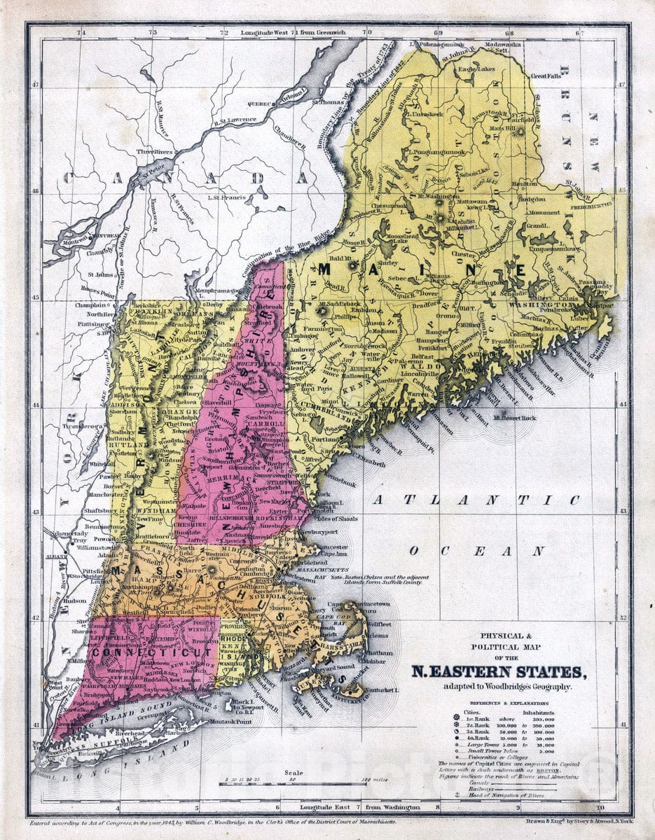 Historic Map : School Atlas - 1845 Physical & Political Map Of The North Eastern States - Vintage Wall Art