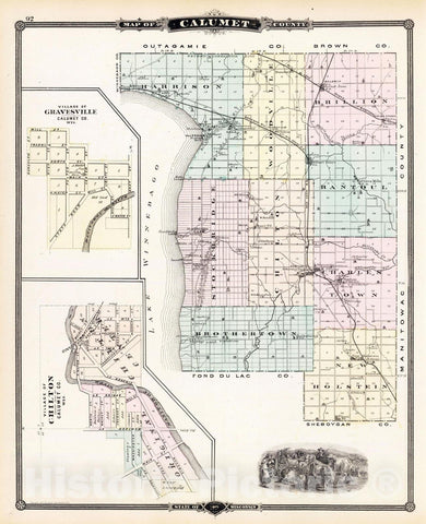 Historic Map : 1878 Map of Calumet County, State of Wisconsin, and Gravesville and Chilton. - Vintage Wall Art