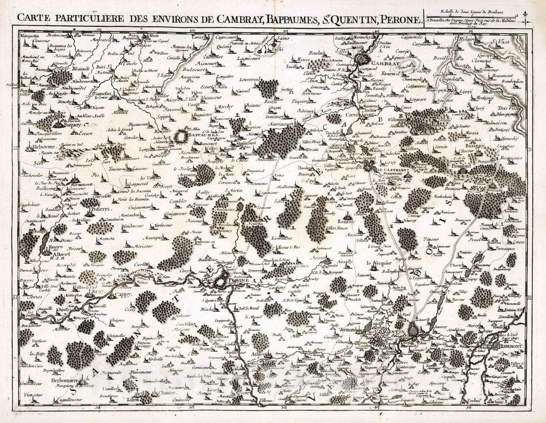 Historic Map : France, 1710 21. Carte particuliere des environs de Cambray, Bappaumes, St. Quentin, Perone, c. 1710. , Vintage Wall Art