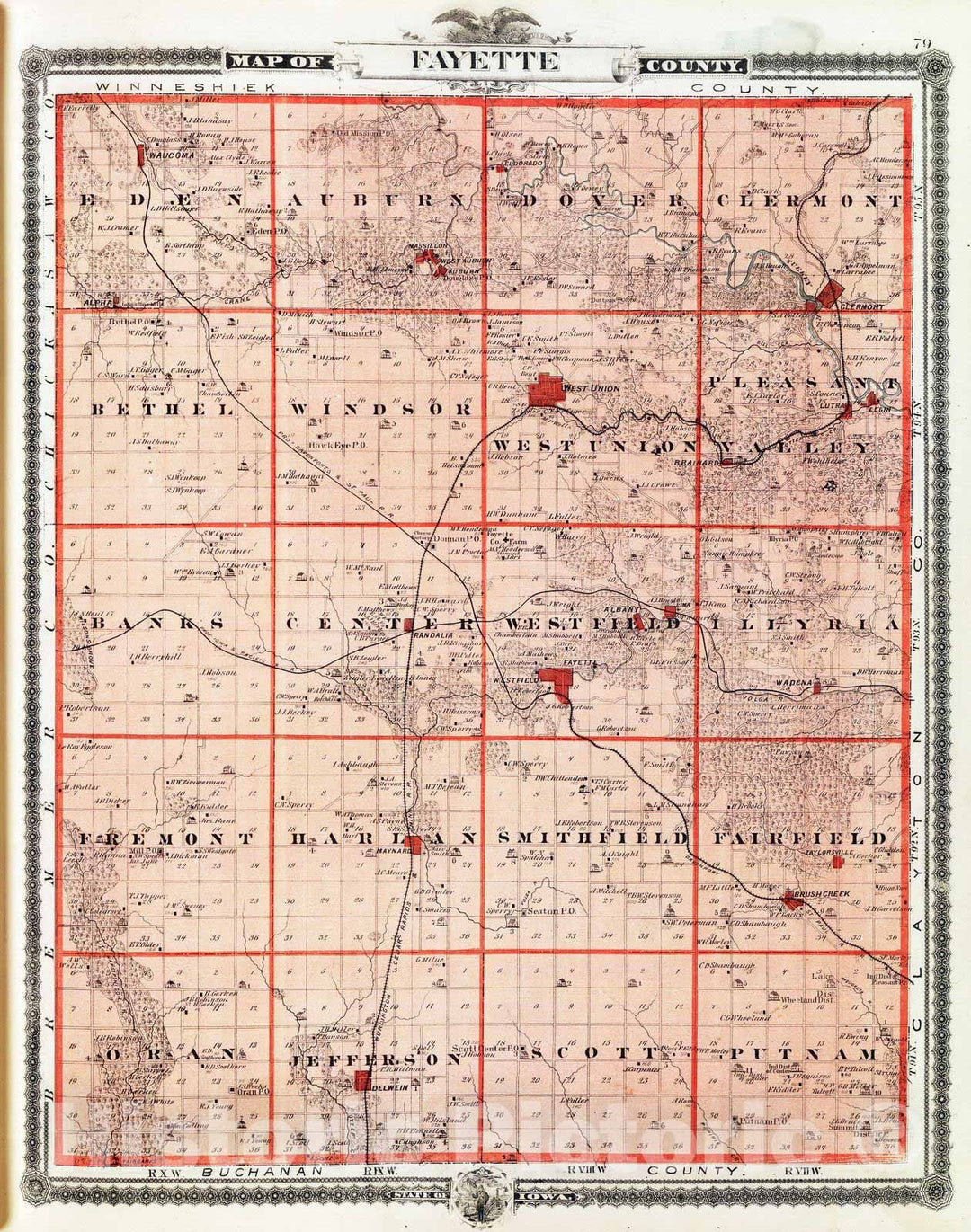 Historic Map : 1875 Map of Fayette County, State of Iowa. - Vintage Wall Art