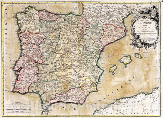 Historic Wall Map : Spain, , Europe 1760 Les Royaumes d'Espagne et de Portugal , Vintage Wall Art