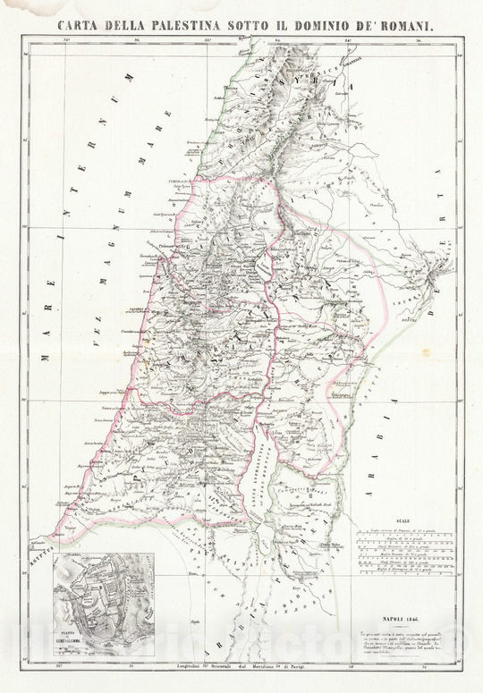 Historic Map : Israel; Jordan , Jerusalem, 1846 Carta della Palestina sotto il dominio de' Romani. , Vintage Wall Art