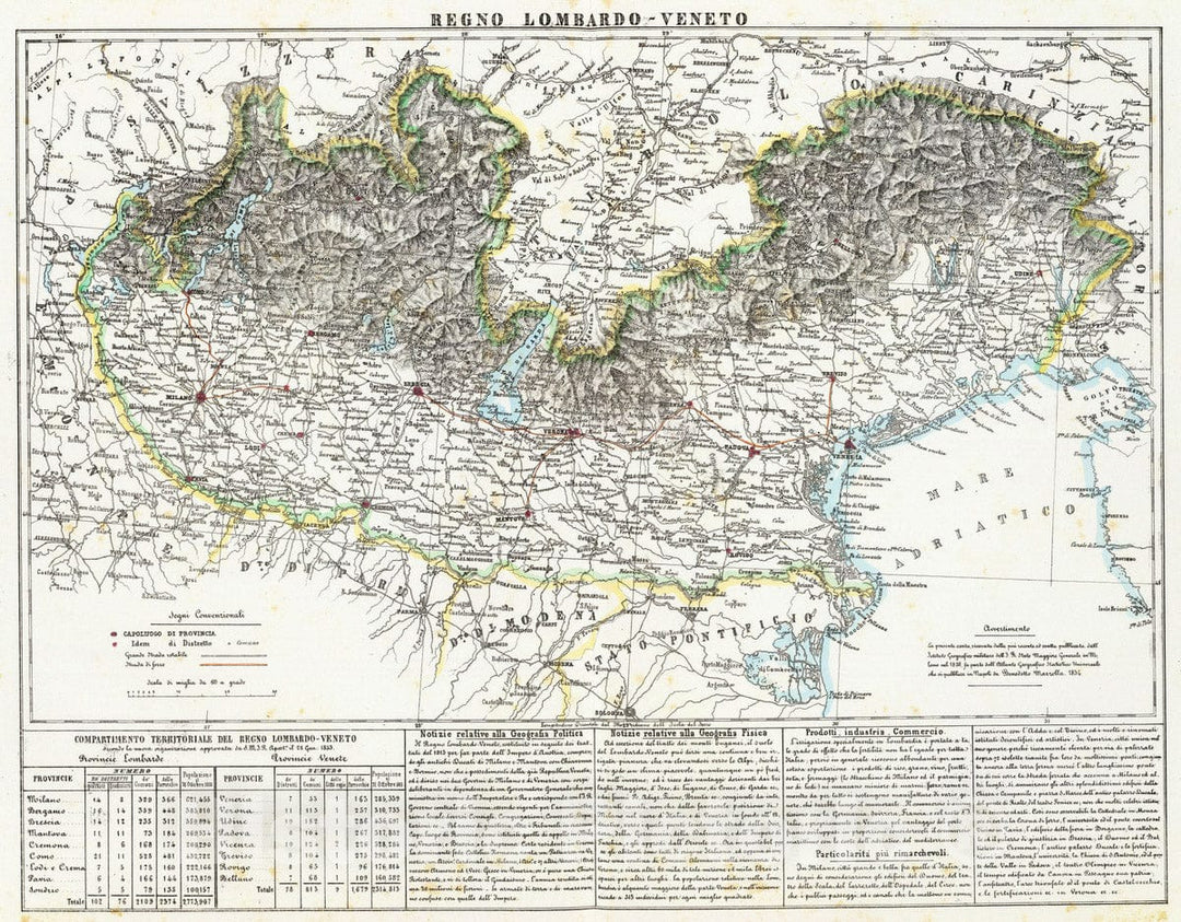 Historic Map : Italy, Lombardy (Italy) 1854 Regno Lombardo-Veneto. , Vintage Wall Art