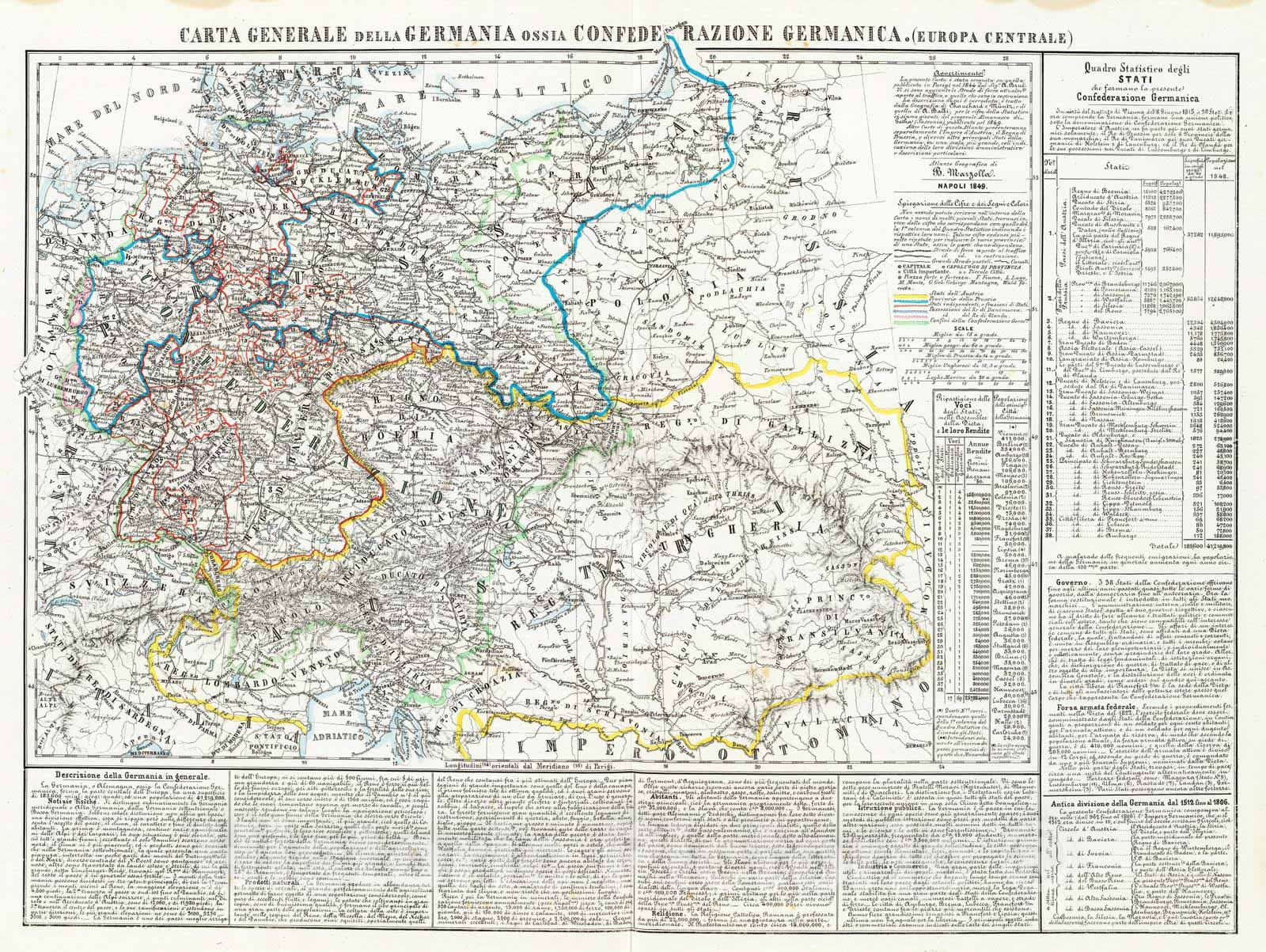 Historic Wall Map : Germany, Europe, Central 1849 Carta generale della Germania ossia Confederazione Germanica. , Vintage Wall Art