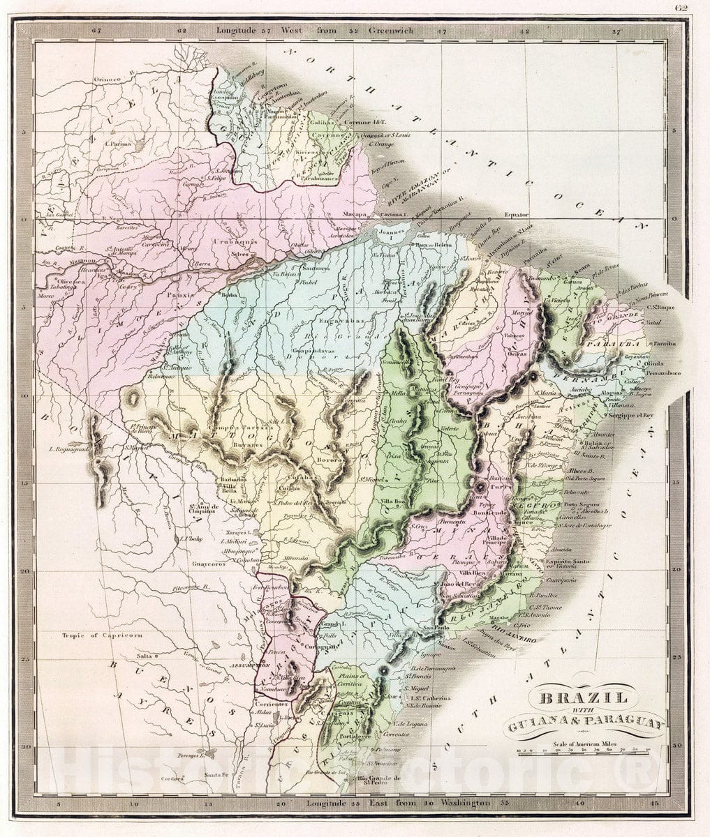 Historic Map : 1848 Brazil With Guiana & Paraguay. - Vintage Wall Art