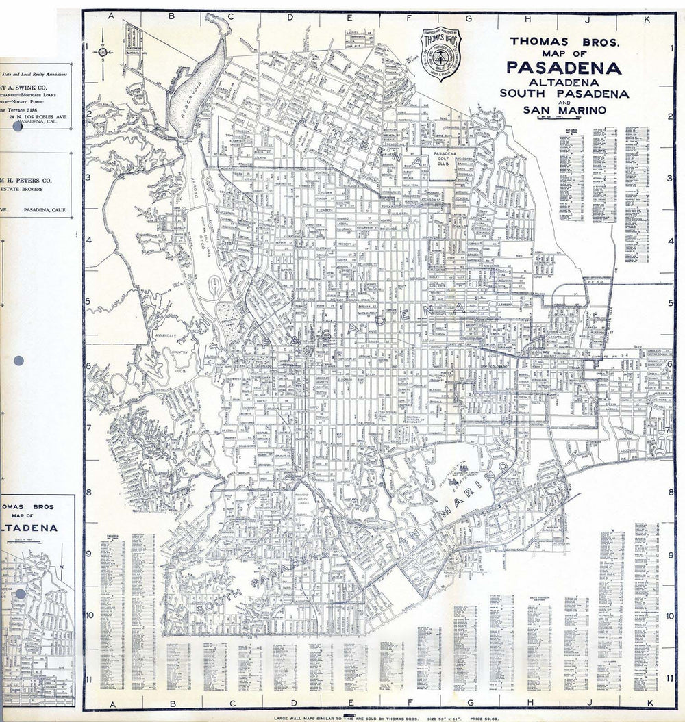 Historic Map - 1938 Thomas Bros. Map of Pasadena, Altadena, South Pasadena and San Marino, California. - Vintage Wall Art