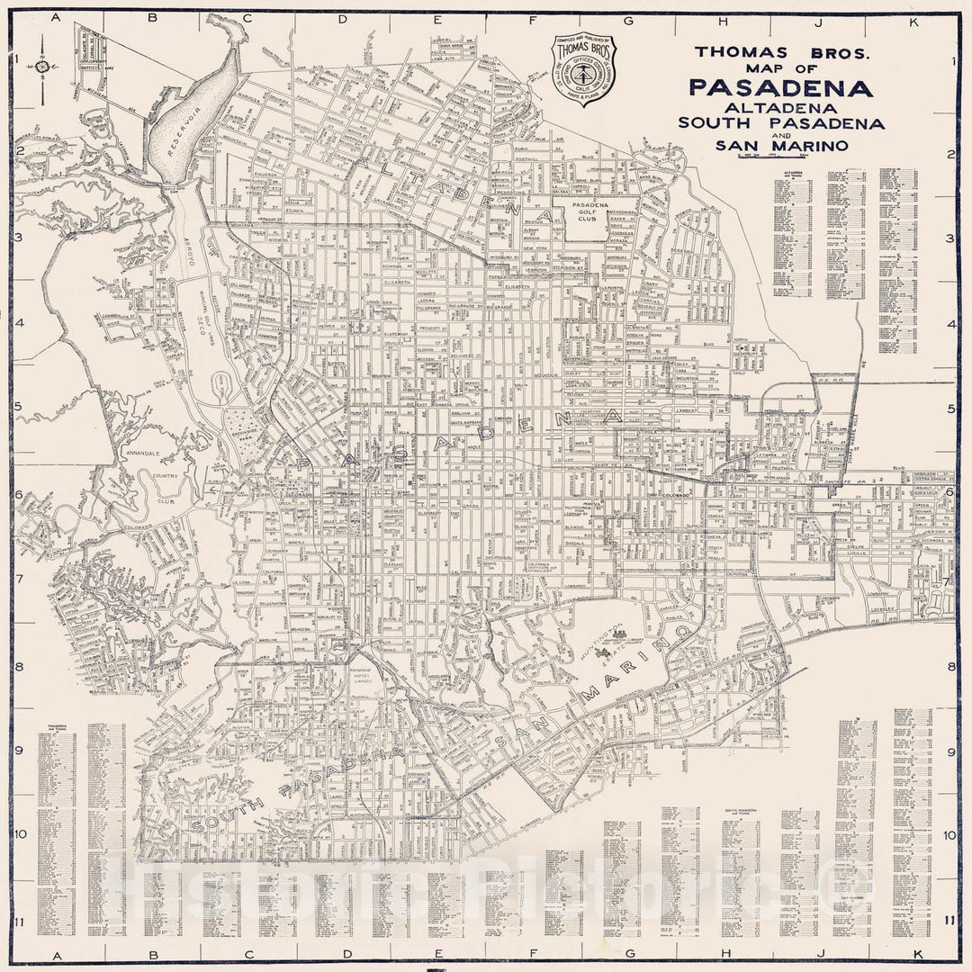 Historic Map - 1938 Thomas Bros. Map of Pasadena, Altadena, South Pasadena and San Marino, California. - Vintage Wall Art