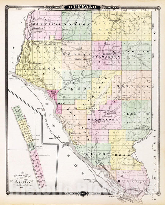 Historic Map : 1878 Map of Buffalo County and Village of Alma, State of Wisconsin. - Vintage Wall Art