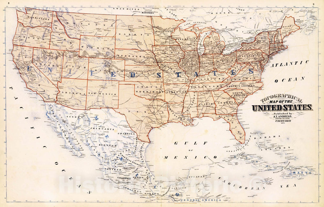 Historic Map : 1873 Topographical map of the United States. - Vintage Wall Art