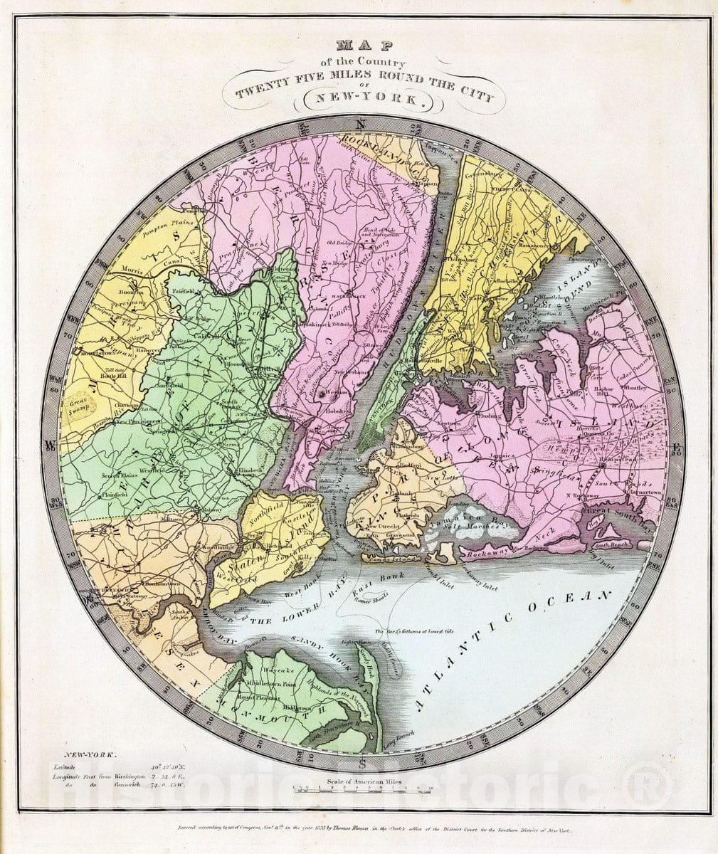 Historic Map : 1835 Map of the Country Twenty Five Miles Round The City Of New-York. - Vintage Wall Art