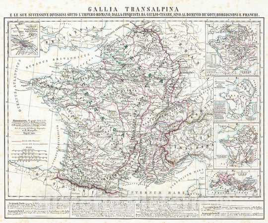 Historic Map : France, Paris Region (France), Eastern Hemisphere 1851 Gallia Transalpina e le sue successive divisioni. , Vintage Wall Art