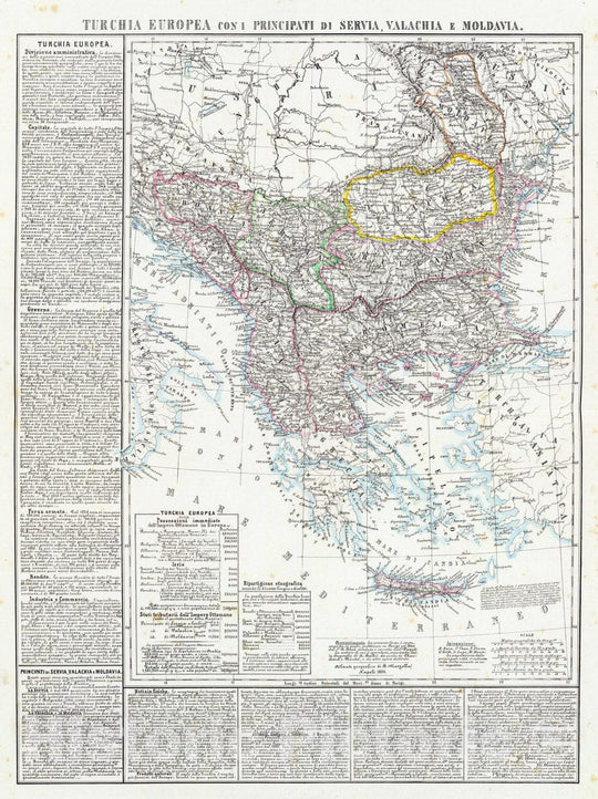 Historic Map : Serbia; Turkey, Balkan Peninsula, Europe 1850 Turchia Europea con i Principati di Servia, Valachia e Moldavia. , Vintage Wall Art