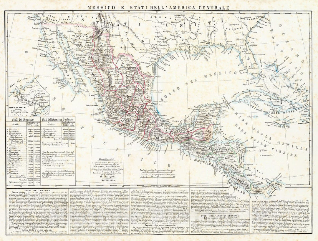 Historic Map : Mexico; Panama, , Central America 1854 Messico e Stati dell'America Centrale; Istmo di Panama. , Vintage Wall Art