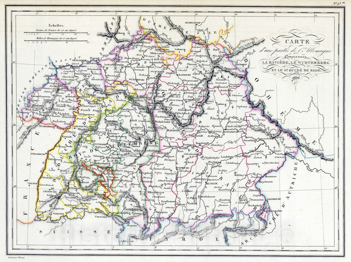 Historic Map : Germany, 1837 La Baviere, le Wurtemberg, et le Gr. Duche de Bade , Vintage Wall Art