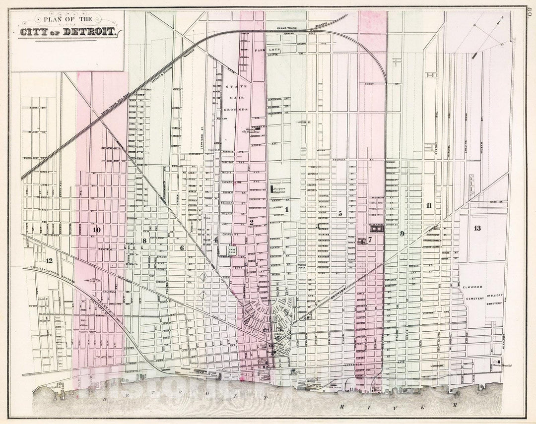 Historic Map : 1886 Detroit. v2 - Vintage Wall Art