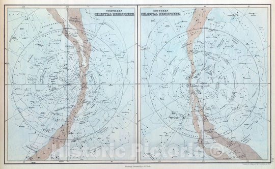 Historic Map - 1854 Northern Celestial Hemisphere. Southern Celestial Hemisphere, Atlas - Vintage Wall Art