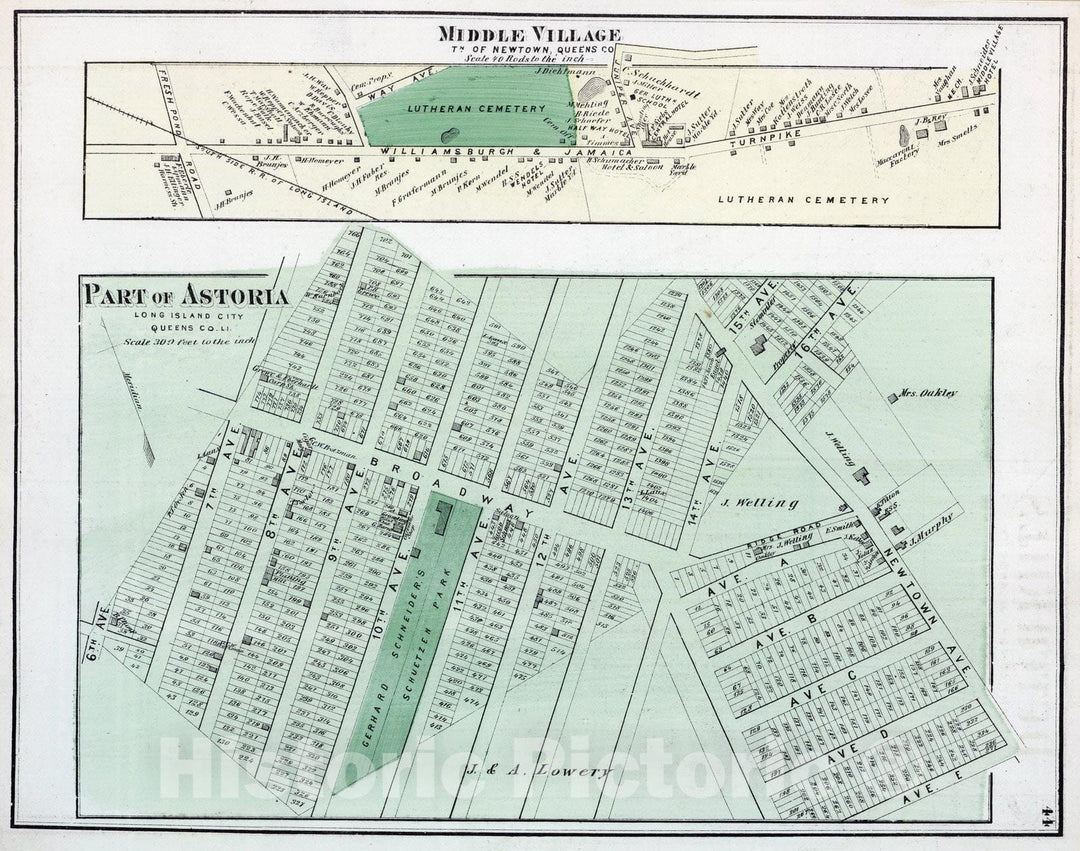 Historic Map : 1873 Middle Village in Newtown. Astoria in Long Island City. Long Island. - Vintage Wall Art