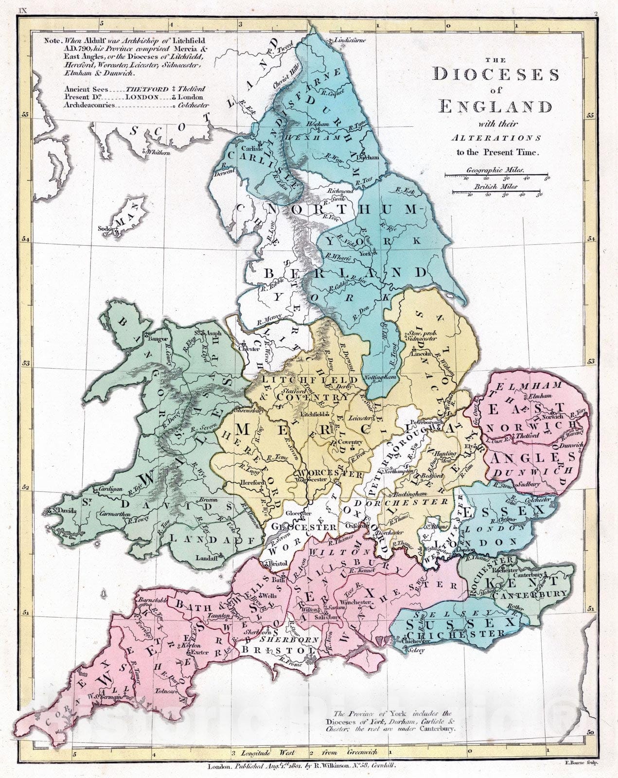 Historic Map : 1801 Dioceses of England. - Vintage Wall Art