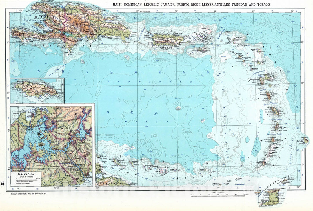 Historic Map : 1967 Haiti, Dominican Republic, Jamaica, Puerto Rico Island, Lesser Antilles, Trinidad and Tobago, Panama Canal (West Indies). The World Atlas. - Vintage Wall Art