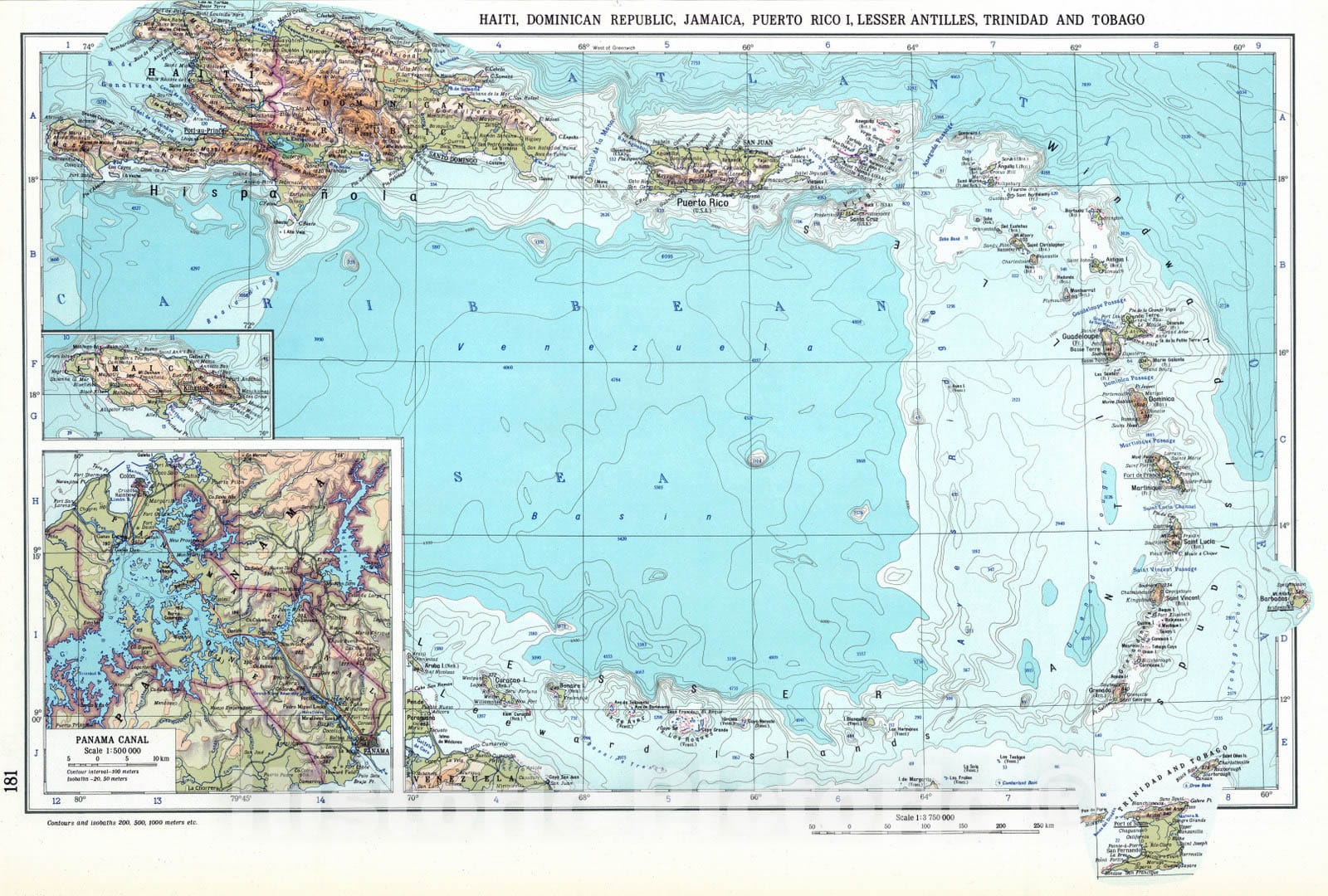 Historic Map : 1967 Haiti, Dominican Republic, Jamaica, Puerto Rico Island, Lesser Antilles, Trinidad and Tobago, Panama Canal (West Indies). The World Atlas. - Vintage Wall Art