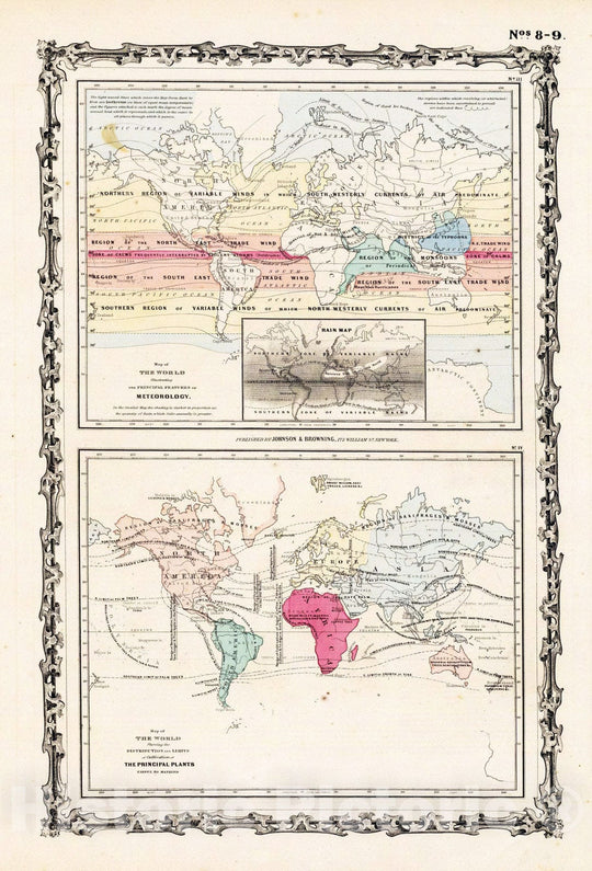 Historic Map : 1860 Map of The World Illustrating, Meteorology, Rain, Plants. - Vintage Wall Art