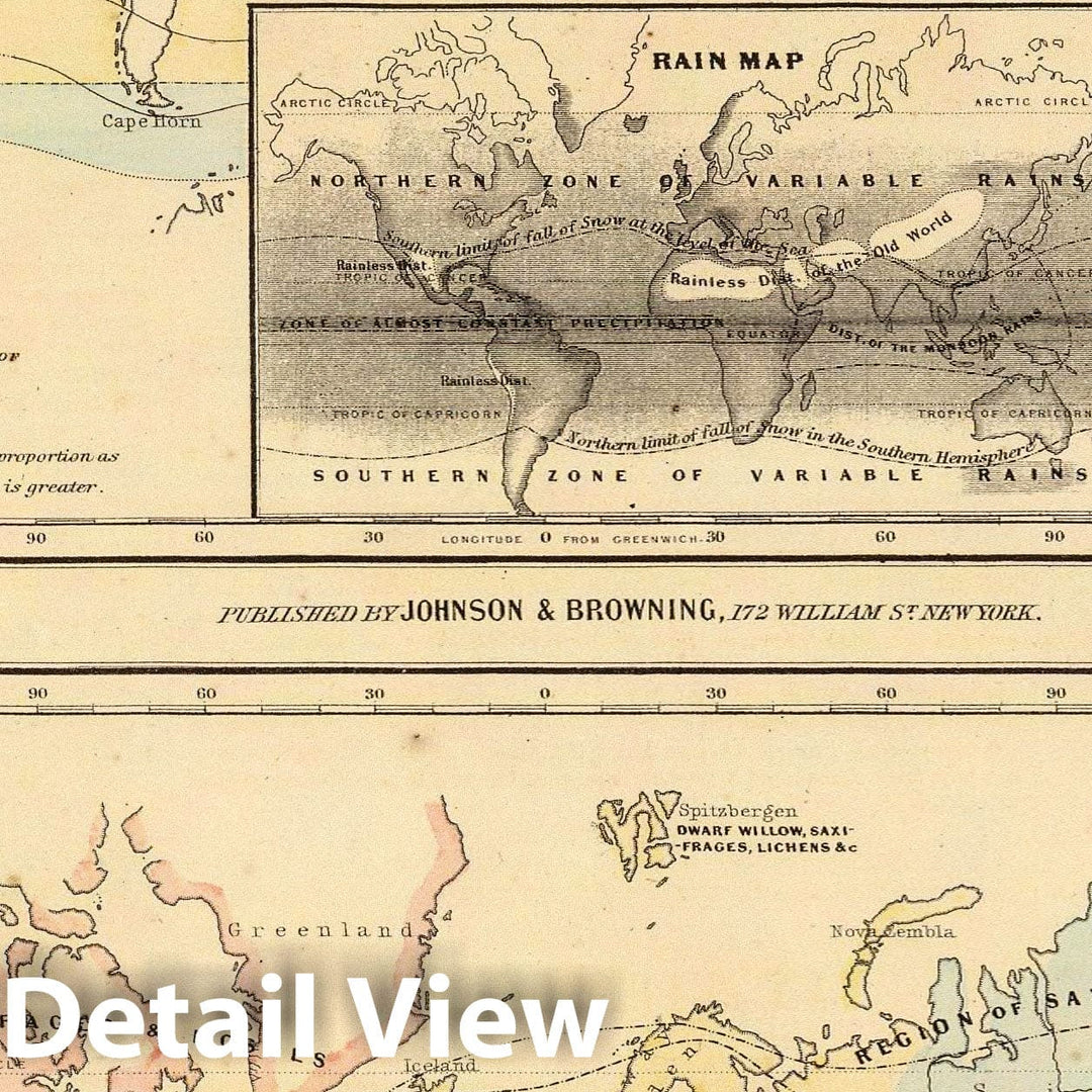 Historic Map : 1860 Map of The World Illustrating, Meteorology, Rain, Plants. - Vintage Wall Art