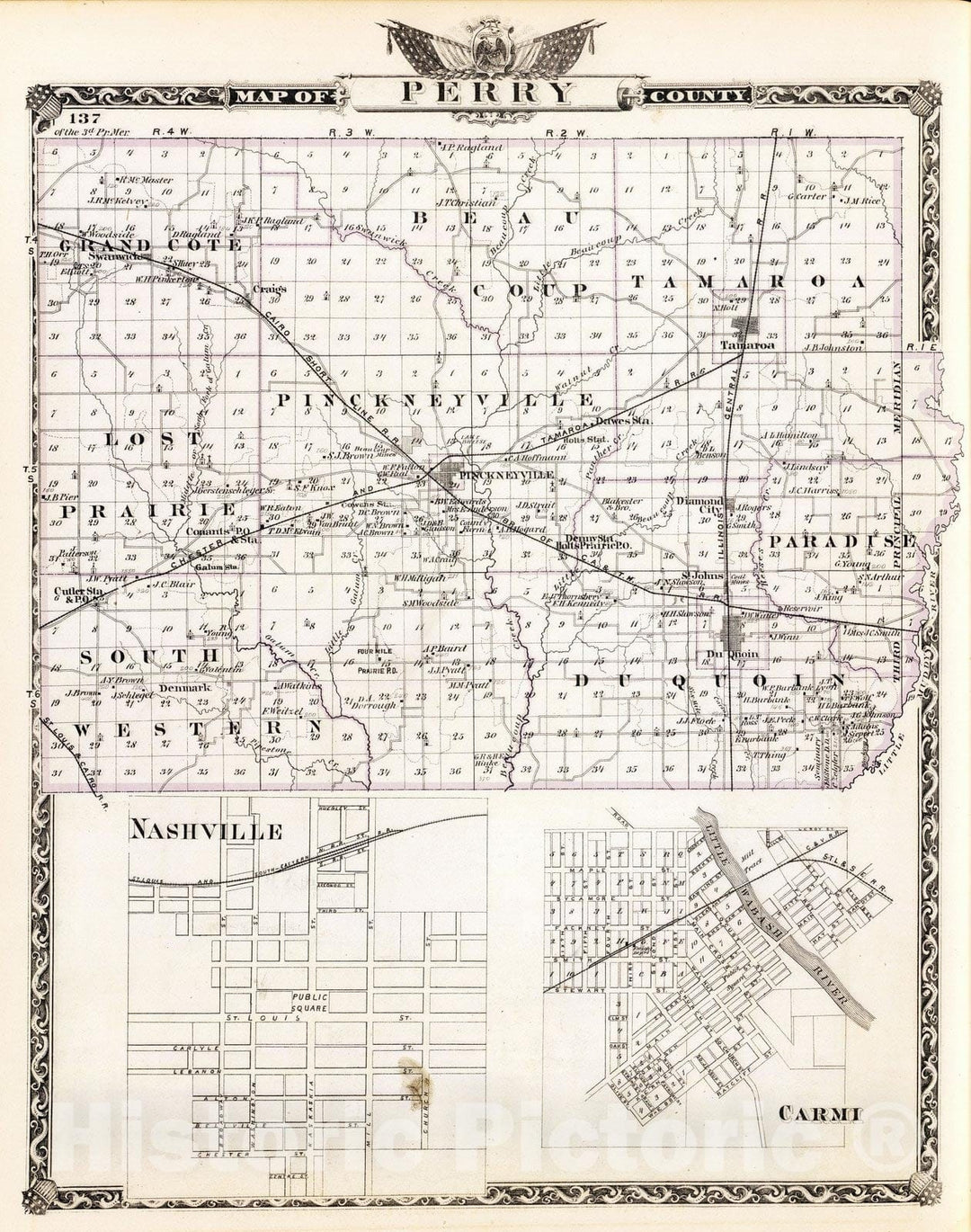 Historic Map : 1876 Map of Perry County, Nashville and Carmi. - Vintage Wall Art