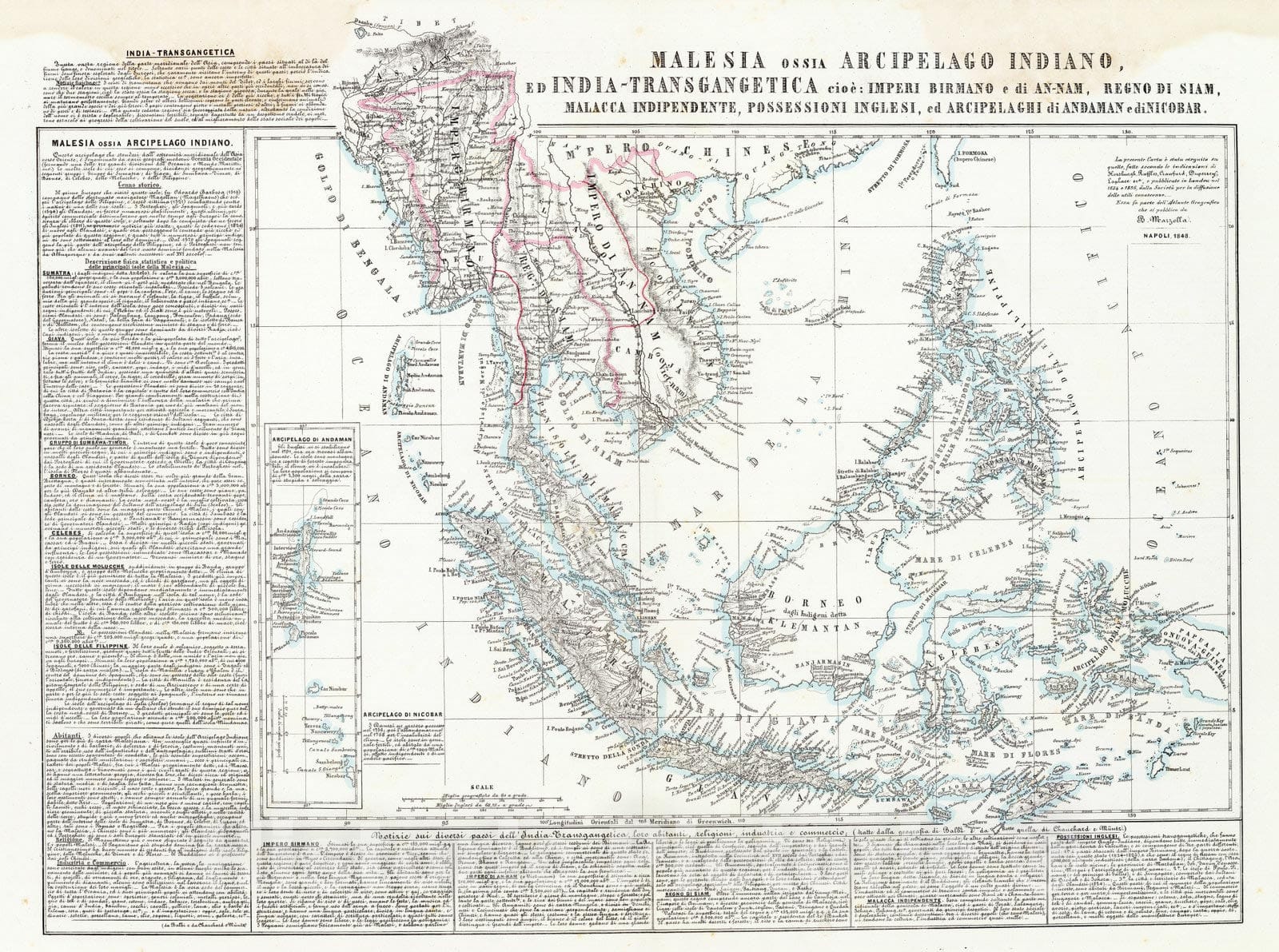 Historic Wall Map : Southeast Asia 1848 Malesia ossia Arcipelago Indiano, ed India-Transgangetica. , Vintage Wall Art