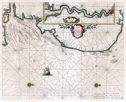 Historic Map : England, North Sea 1667 Pascaarte van Engelant. , Vintage Wall Art