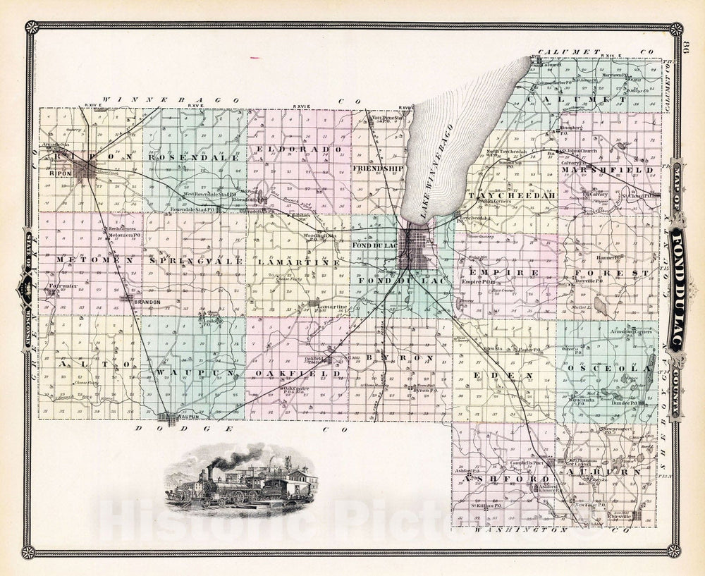 Historic Map : 1878 Map of Fond du Lac County, State of Wisconsin. - Vintage Wall Art