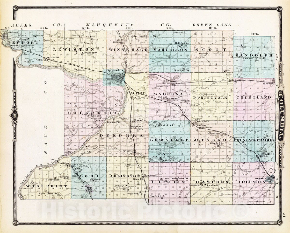 Historic Map : 1878 Map of Columbia County, State of Wisconsin. - Vintage Wall Art