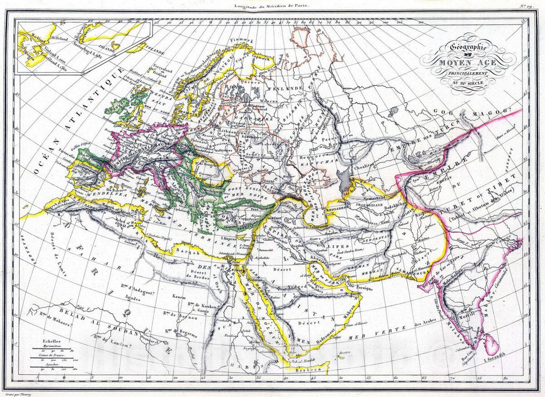 Historic Map : North Africa, Europe 1837 Geographie du Moyen Age. , Vintage Wall Art