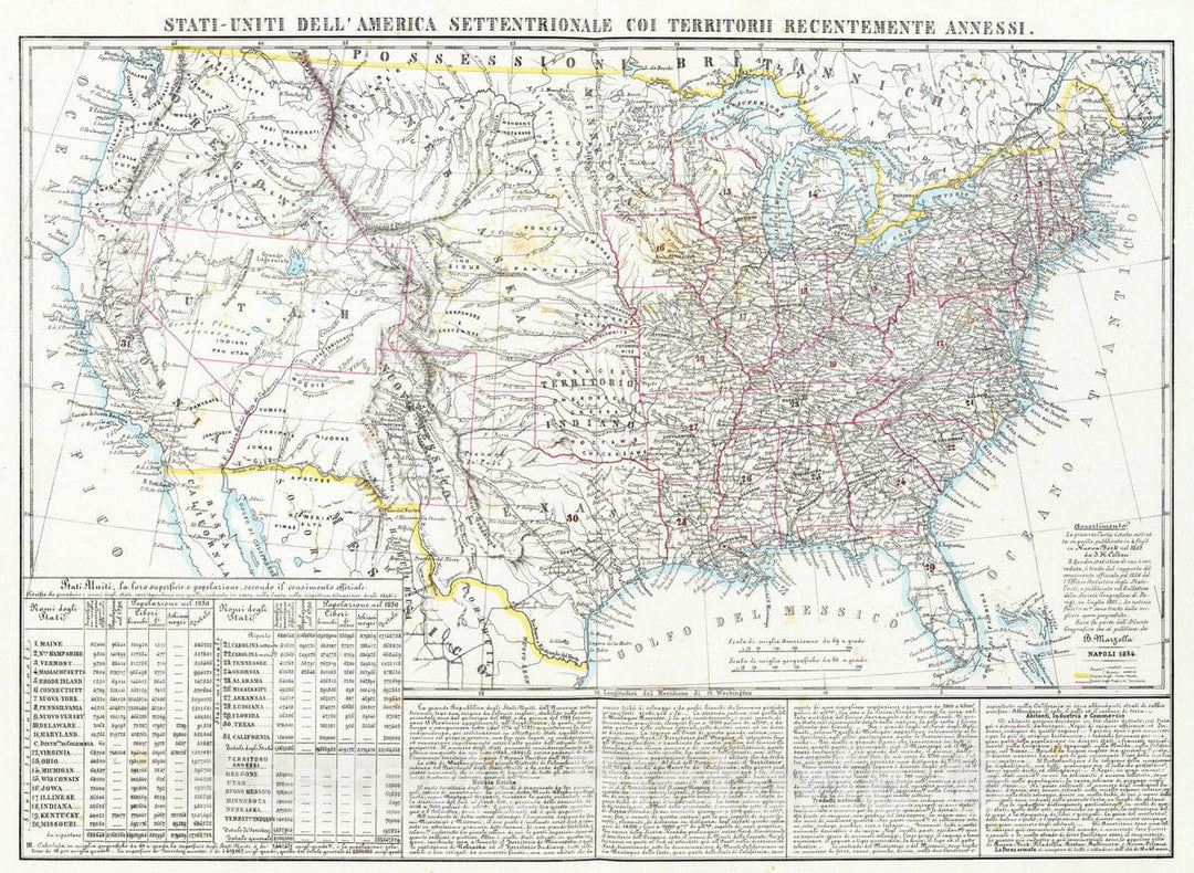 Historic Map : United States, 1854 Stati-Uniti dell'America Settentrionale. , Vintage Wall Art