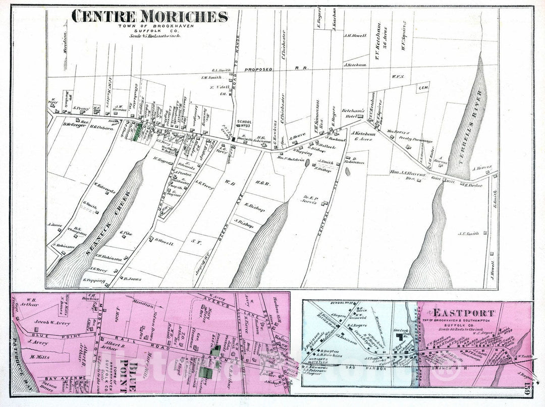 Historic Map : 1873 Centre Moriches, Eastport, Blue Point, in Brookhaven and Southampton. Long Island. - Vintage Wall Art