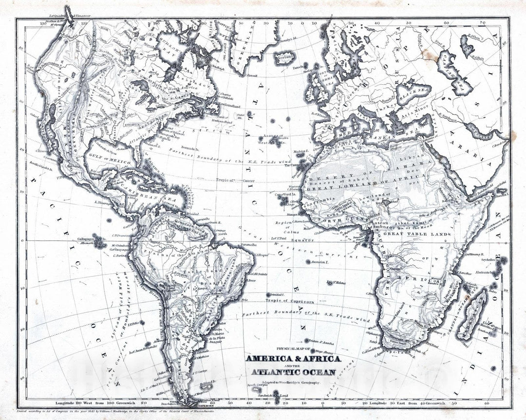 Historic Map : School Atlas - 1845 Physical Map Of America & Africa And The Atlantic Ocean - Vintage Wall Art