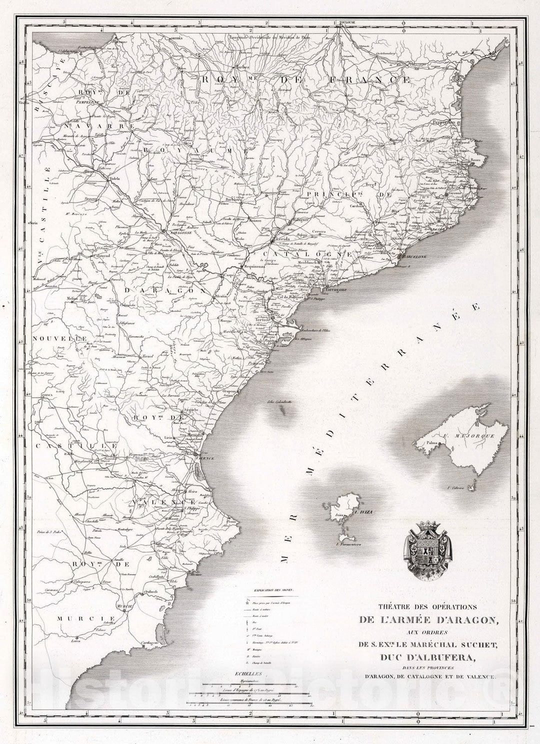 Historic Wall Map : Catalonia , Spain 1828 Theatre des Operations de l'Armee d'Aragon, les Provinces d'Aragon, de Catalogne et de Valence. , Vintage Wall Art