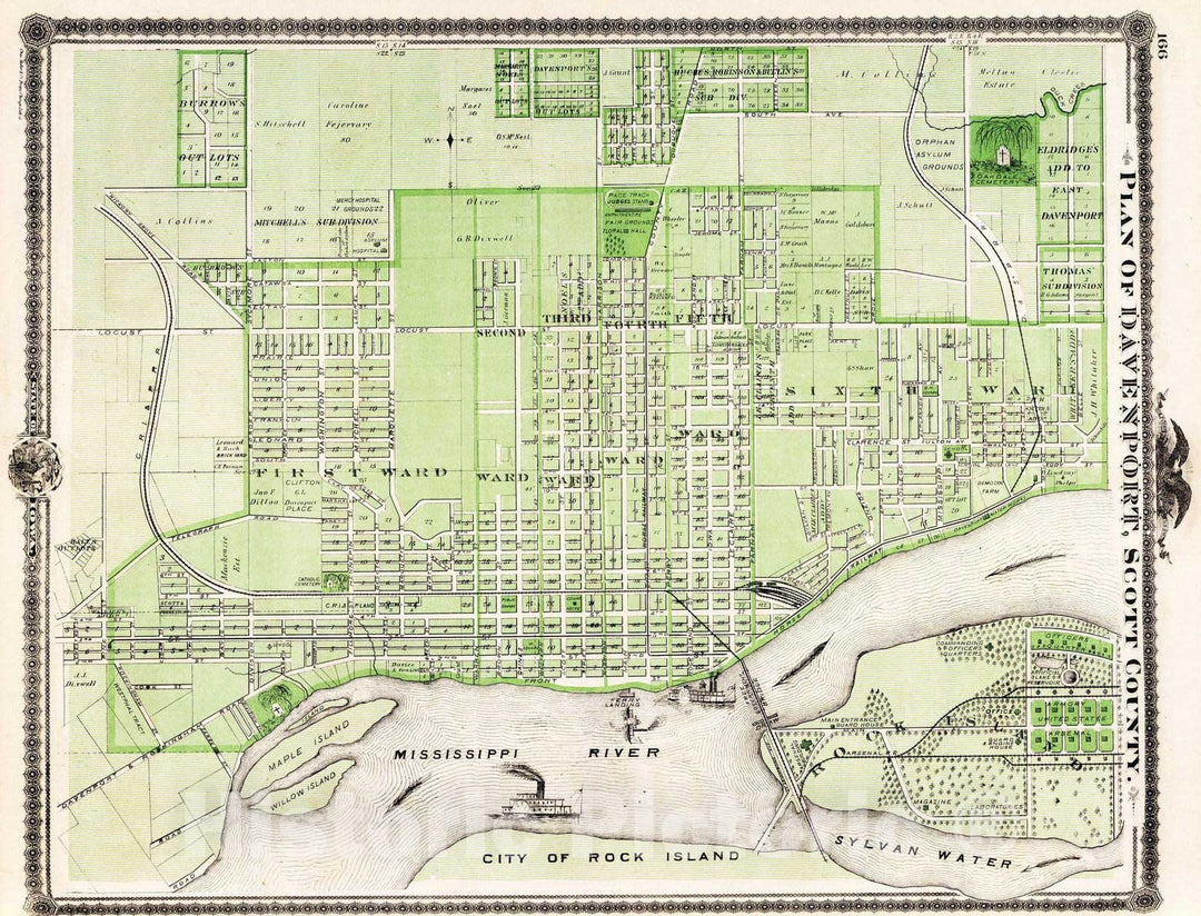 Historic Map : 1875 Plan of Davenport, Scott County, State of Iowa. - Vintage Wall Art